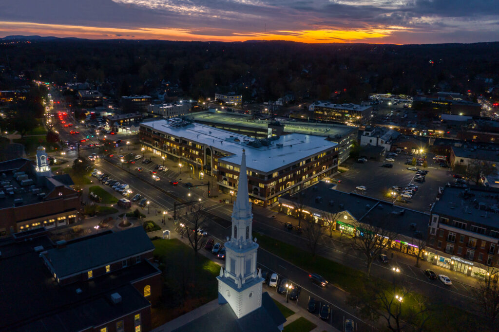 Aerial view of the city of West Hartford, Connecticut at sunset
