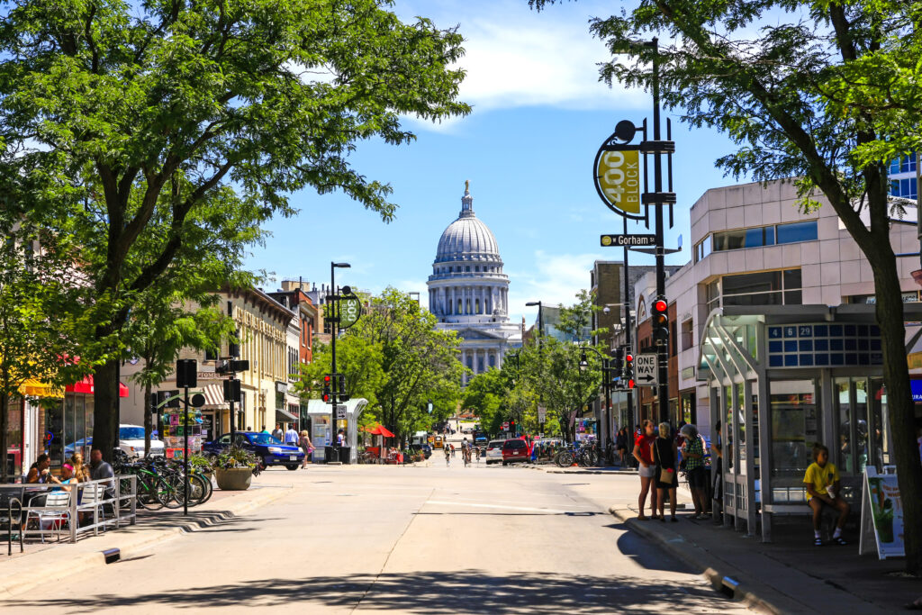 View of street looking towards the State Capitol building in Madison Wisconsin