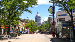 View of street looking towards the State Capitol building in Madison Wisconsin