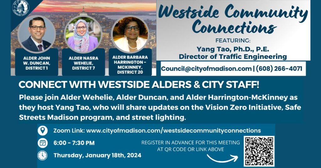 A blue and white flyer with QR codes and with text inviting people to a virtual public meeting event to hear updates from the Vision Zero Initiative.