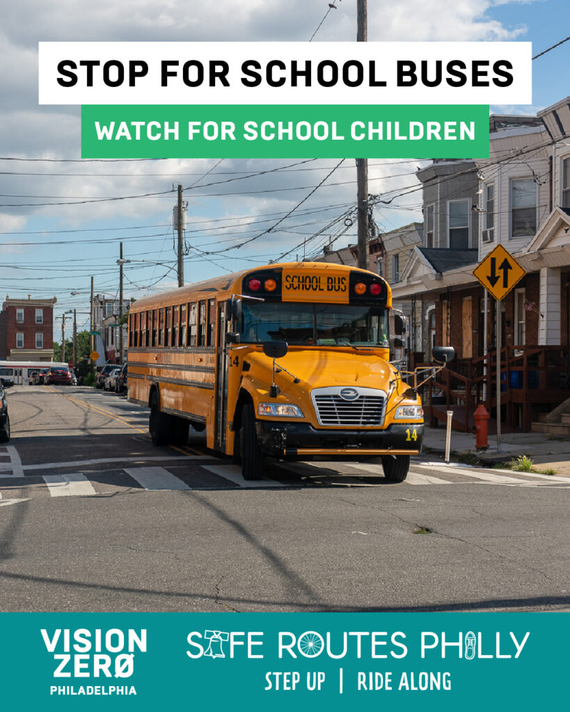 A poster showing a yellow school bus on a street with text that reads "Stop for School Buses, Watch for School Children"